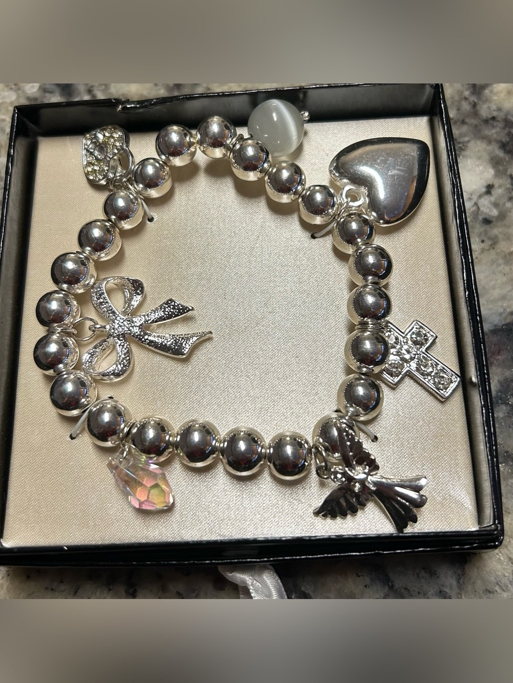 Silver Charm Beaded Bracelet with Heart, Bow & Cross - Silver